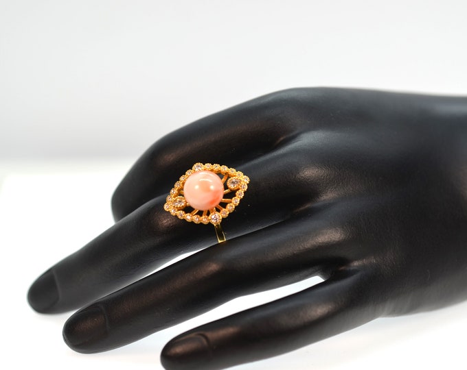 Genuine Japanese Angel Skin Coral Ring for Women, Fine Gold Vermeil Jewelry, Adjustable Ring