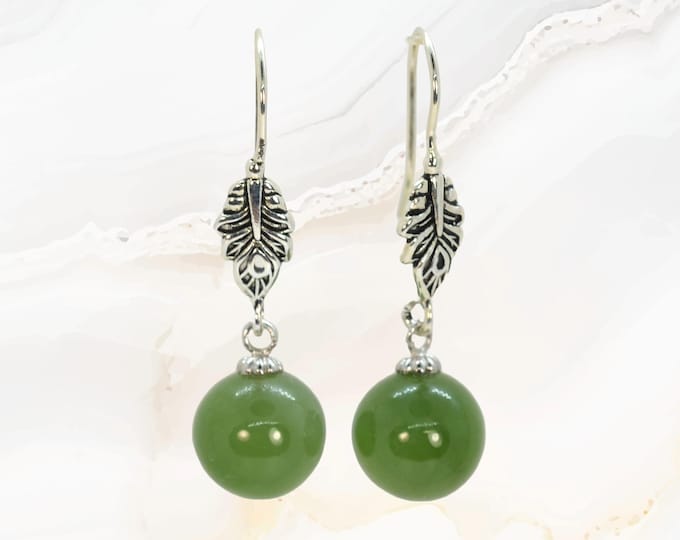 Nephrite Jade Ball Earrings, Natural Green, Sterling Silver