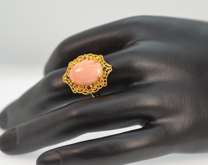 Genuine Japanese Angel Skin Coral Ring for Women, Fine Gold Vermeil Filigree Jewelry, Adjustable Ring