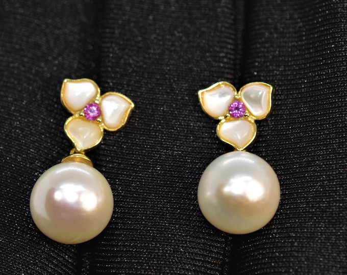 Silver Earrings for Women, Gold Vermeil Flower Stud Earrings, Round Freshwater Pearl Jewelry, Bridal Earrings