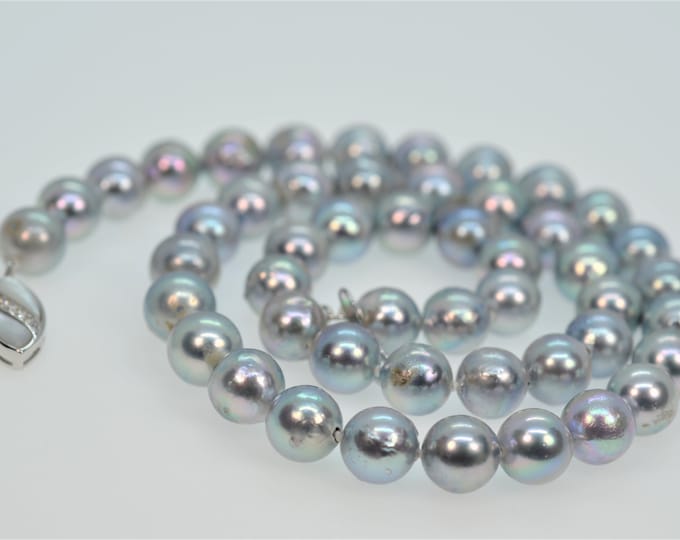 Genuine Natural Color Akoya Blue Silver Pearl Necklace for Women, Rare 8-8.4 mm High Luster Round Pearls, 17.7 Inch