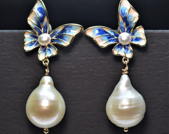 Butterfly Earrings for Women, Baroque Freshwater Pearl Earrings, 925 Silver Earrings, Enamel Jewelry, Hypoallergenic