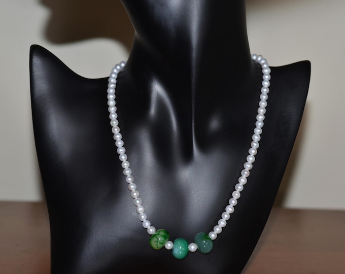 Freshwater Pearl Necklace for Women, Natural Green Agate Necklace, Adjustable Necklace, Bridal Necklace