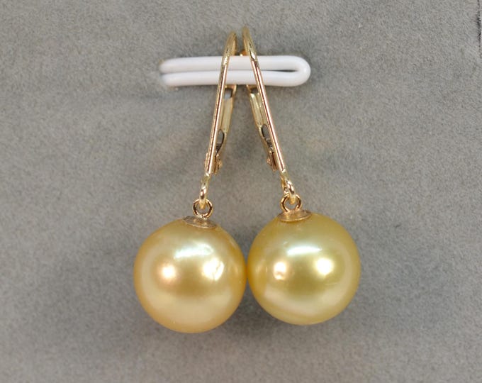 10mm Golden South Sea Pearl Earrings, Solid 14K Gold Leverback, Bridal Wedding Jewelry