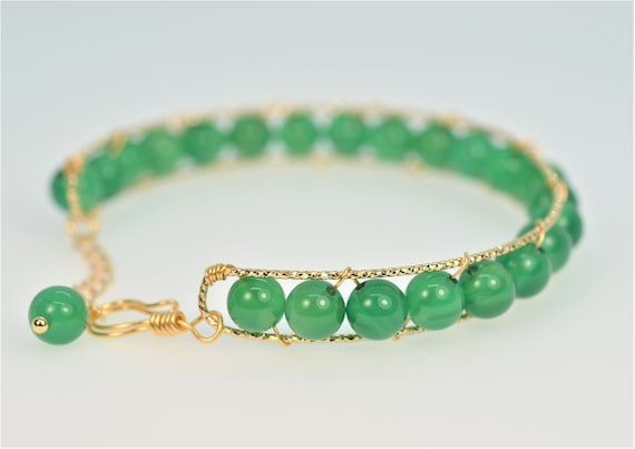 Bracelet En Or 18 Carats Avec Chrysoprase Et Perles De Culture - Occasion - Pierre Verte Et Or Jaune