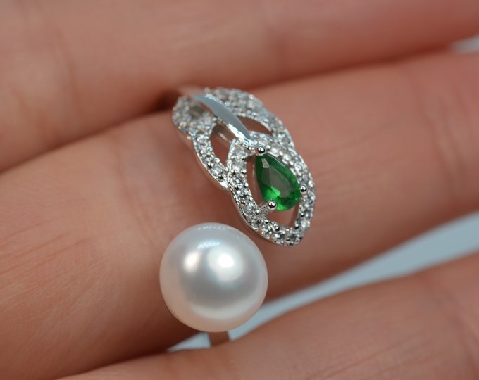 Freshwater Pearl Ring for Women, Sterling Silver Jewelry, Art Nouveau Feather Ring, Adjustable Ring for Girls