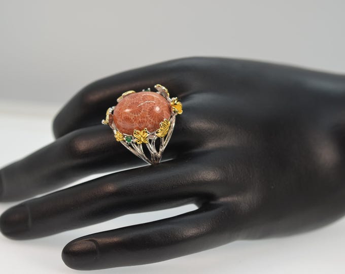 Coral Fossil Statement Ring, Floral Pattern, Sterling Silver, Nature Inspired Jewelry