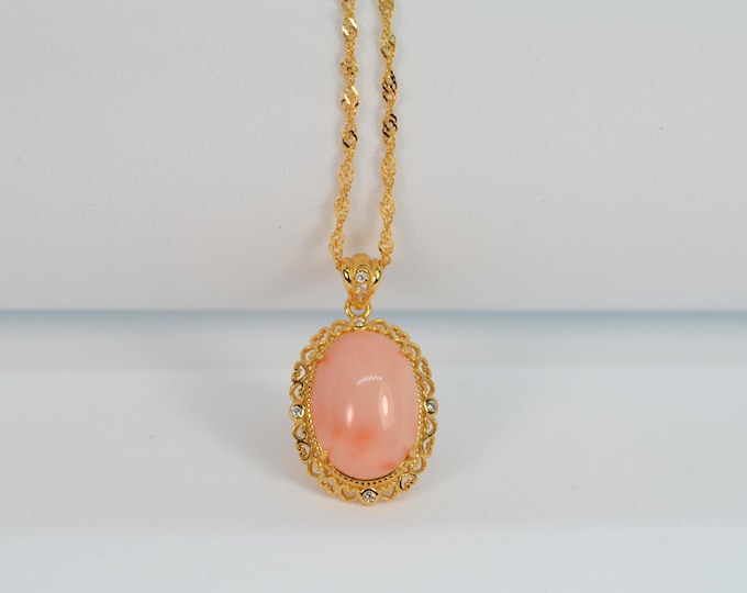 Natural Color Angel Skin Coral Pendant Necklace Women, 18K Gold Vermeil Filigree Jewelry, Hypoallergenic
