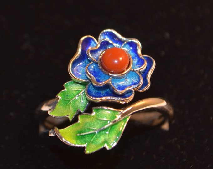 Four-leaf Clover Ring for Women, 925 Sterling Silver Ring, Natural Fire Agate Adjustable Ring, Enamel Jewelry, Hypoallergenic