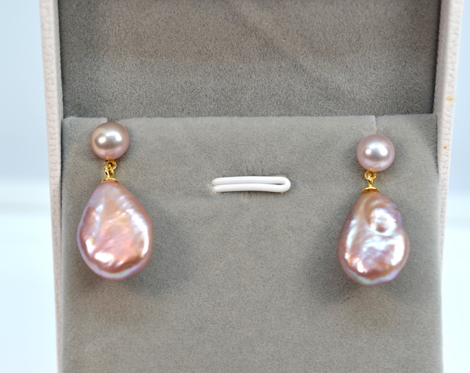 Purple Baroque Pearl Earrings for Women, Genuine High Luster Freshwater Double Pearl Earrings, Gold Vermeil Jewelry, Bridal Earrings