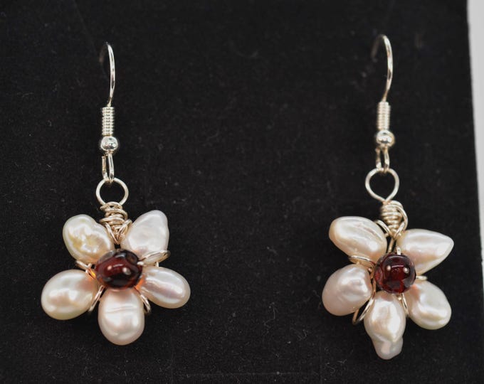 Handmade Freshwater Pearl Flower Earrings with Baltic Amber | Sterling Silver Dangle Earrings | Nature Inspired Floral Jewelry