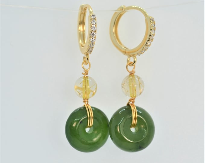 Natural Color Nephrite Jade Earrings for Women, 14K Gold Filled Huggie Hoop Earrings, Wire Wrapped Earrings, Hypoallergenic