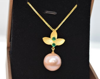 Large Freshwater Pearl Necklace for Women, Pearl Pendant Necklace, Gold Vermeil Jewelry, 18 Inch Chain Necklace