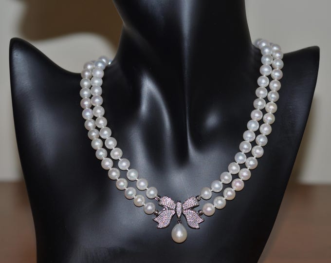 Double Strand Freshwater Pearl Necklace for Women, 16 Inch Real Pearl Necklace, Bridal Necklace