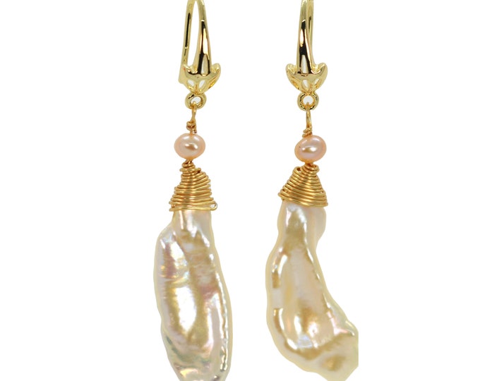 Long Keshi Pearl Earrings for Women, Genuine High Luster Freshwater Pearls, 14 K Gold Filled Wire Wrapped Earrings, Gift for Her