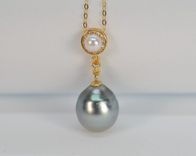 Natural Color Tahitian Pearl Pendant Necklace for Women, Fine Gold Vermeil Jewelry, Double Pearl Pendant, 18 Inch Chain Necklace