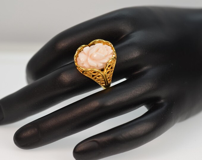 Natural Color Deep Sea Light Pink Coral Flower Ring for Women, Artisan Gold Vermeil Filigree Ring, Adjustable Ring