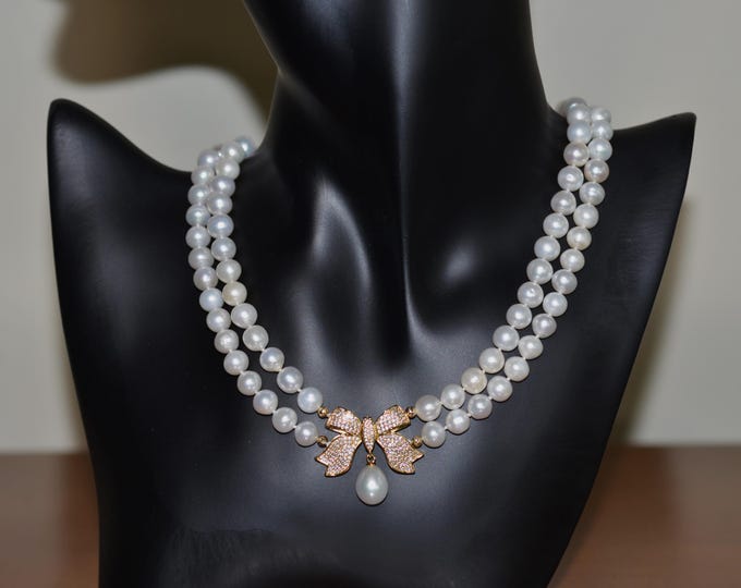 Double Strand Freshwater Pearl Necklace for Women, 16 Inch Real Pearl Necklace, Bridal Necklace