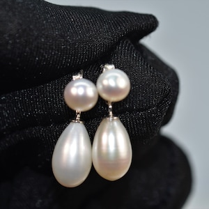 Classic Pearl Earrings for Women, Genuine High Luster White Freshwater Double Pearl Earrings, 925 Silver Jewelry, Bridal Earrings