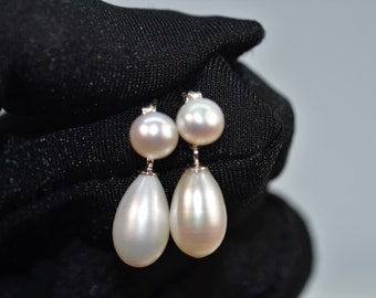 Boucles d'oreilles classiques en perles pour femme, boucles d'oreilles doubles perles d'eau douce très lustrées véritables, bijoux en argent 925, boucles d'oreilles de mariée