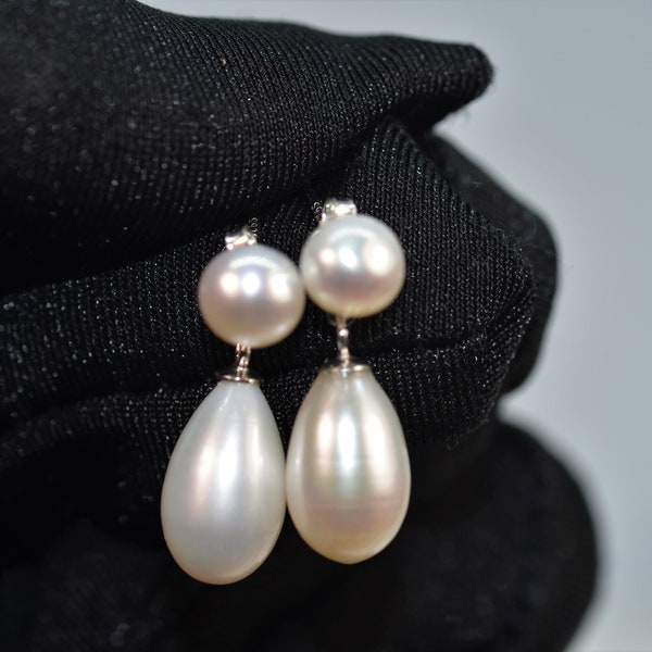 Classic Pearl Earrings for Women, Genuine High Luster Freshwater Double Pearl Earrings, 925 Silver Jewelry, Bridal Earrings