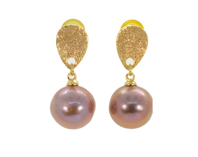 Genuine Metallic Mauve Freshwater Pearl Earrings for Women, Brushed Gold Vermeil Jewelry, Hypoallergenic