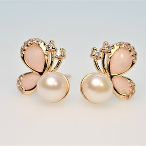 Butterfly Earrings for Women, Freshwater Pearl Earrings, Gold Filled CZ Earrings, Enamel Jewelry, Hypoallergenic