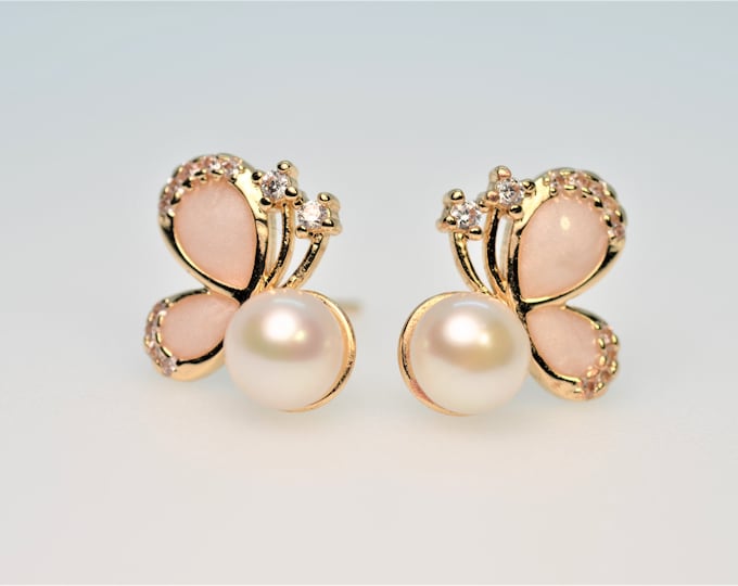 Butterfly Earrings for Women, Freshwater Pearl Earrings, Gold Filled CZ Earrings, Enamel Jewelry, Hypoallergenic