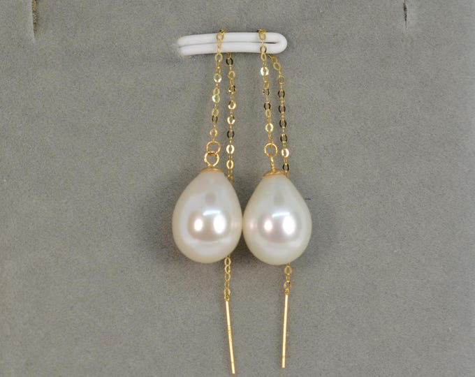 Solid 18KT Yellow Gold Freshwater Pearl Threader Earrings, Hypoallergenic & Elegant