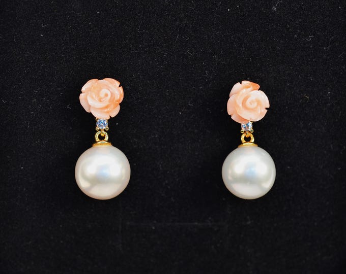 Genuine Angel Skin Coral Rose and Freshwater Pearl Earrings for Women, Fine Gold Vermeil Jewelry, Bridal Earrings