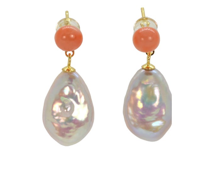 Genuine Natural Color Deep Sea Coral Earrings for Women, Baroque Freshwater Pearl Earrings, Fine Gold Vermeil Jewelry, Bridal Earrings