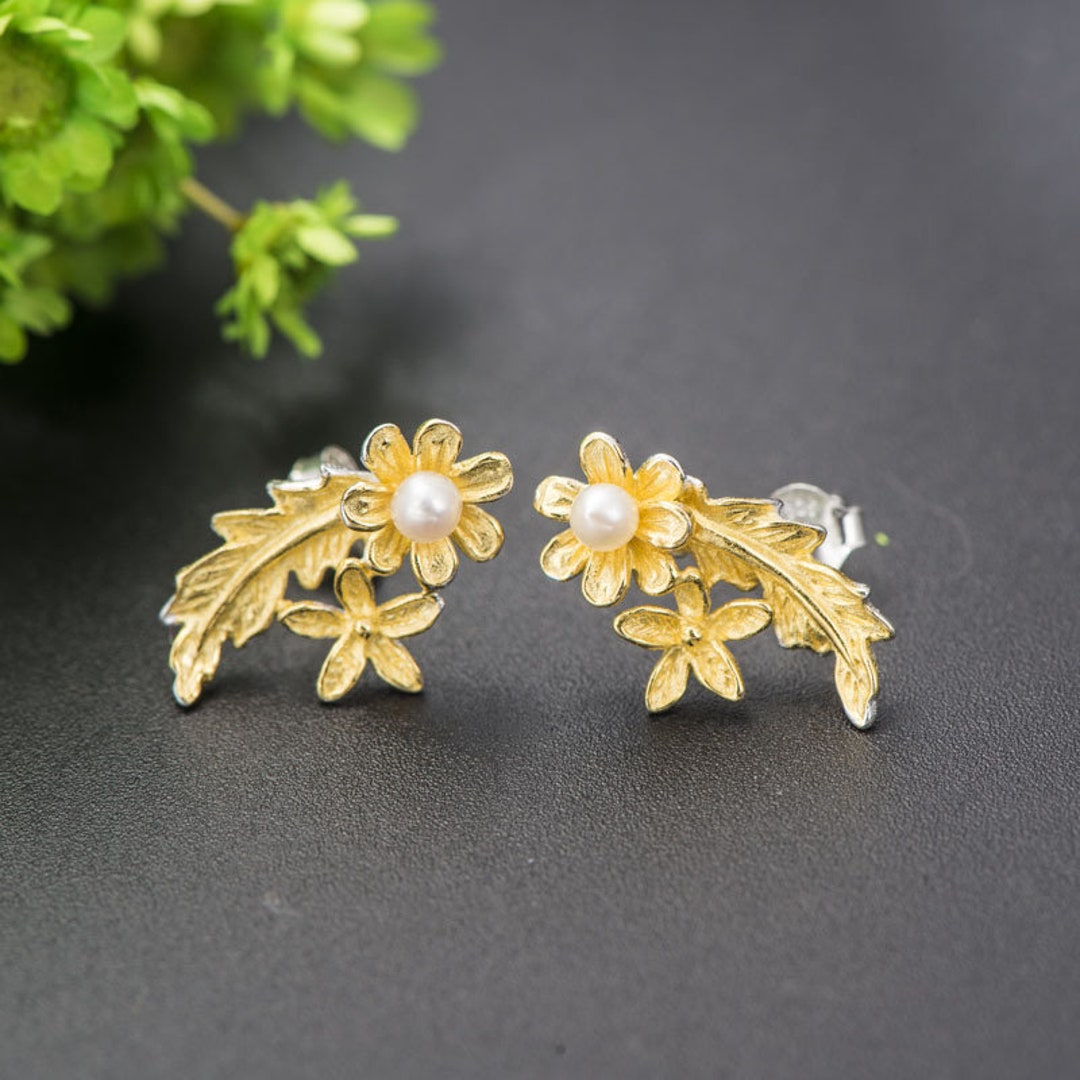 925 Sterling Silver Flower Earrings for Women, Freshwater Pearl Earrings,  Gold Vermeil Jewelry, Hypoallergenic - Etsy