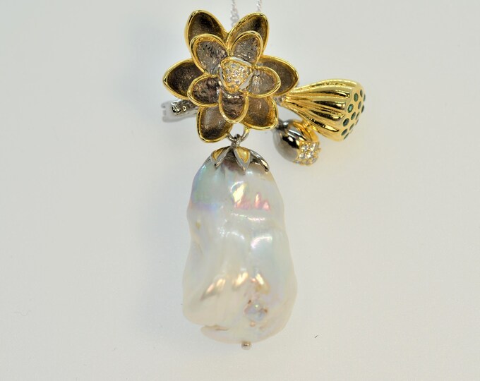 Baroque Pearl Pendant Necklace: Sterling Silver Lotus Flower Brooch Pin