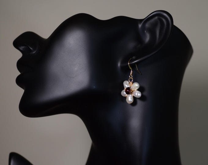 Freshwater Pearl Dangle Earrings, 14K Gold Filled Amber Flower Earrings