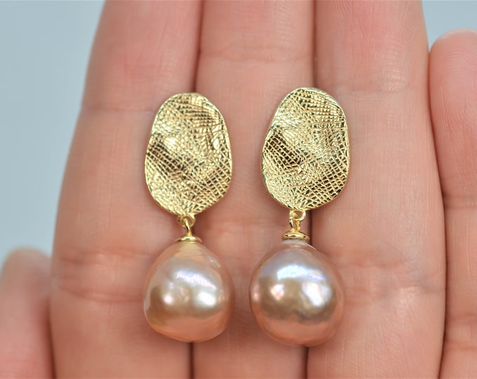 Natural Metallic Pearl Earrings for Women, Baroque Freshwater Pearl Earrings, 925 Silver Earrings, Brushed Fine Gold Vermeil Jewelry