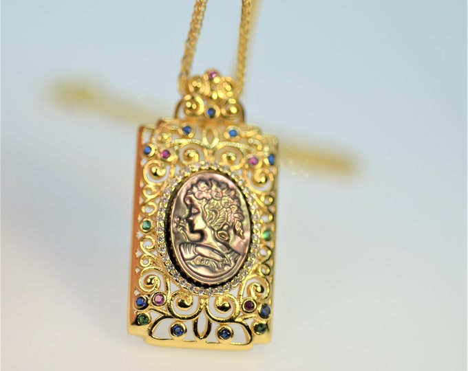 Gold Vermeil Filigree Necklace for Women, Mother of Pearl Carved Cameo Pendant, Vintage Style Jewelry, 18 Inch Chain Necklace