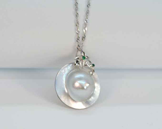 Natural Silver Tahitian Mabe Pearl Necklace for Women, Solid Sterling Silver Jewelry, 17.7 Inch Chain Necklace, Gift for Her