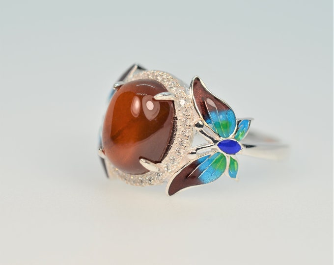 Natural Garnet Ring for Women, Artisan Enamel Butterfly Ring, 925 Sterling Silver Ring, Adjustable Ring