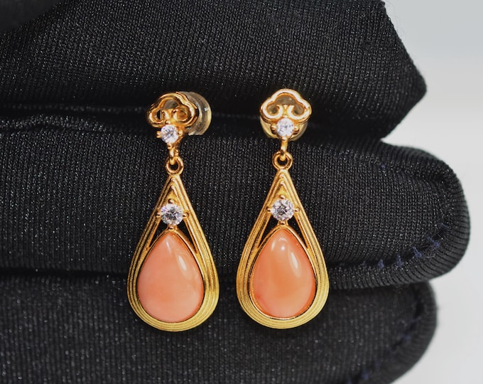 Genuine Natural Deep Sea Coral Earrings for Women, Fine Gold Vermeil Jewelry, Bridal Earrings