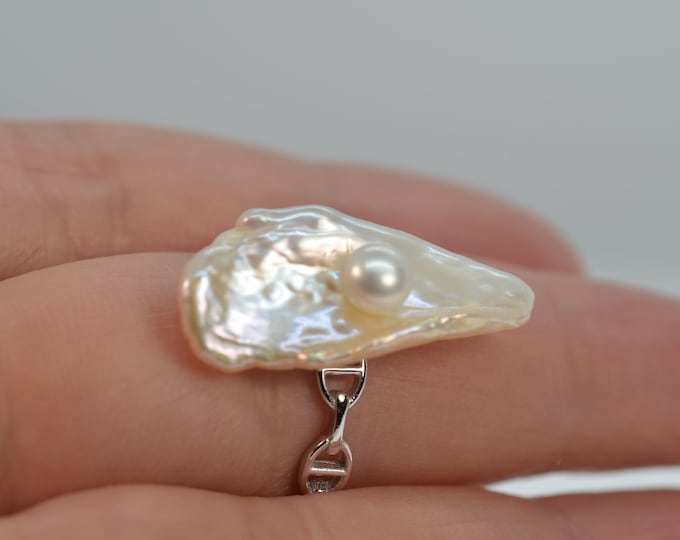 Baroque Pearl Ring for Women, Large Freshwater Keshi Pearl Ring for Girls, Fine Sterling Silver Jewelry, Hypoallergenic