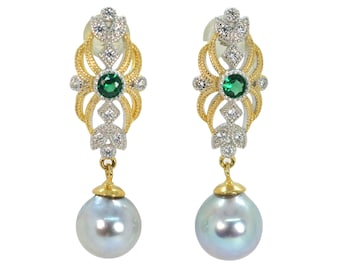 Natural Blue Silver Japanese Akoya Pearl Earrings for Women, Solid Sterling Silver Bridal Earrings, Royal Style Earrings