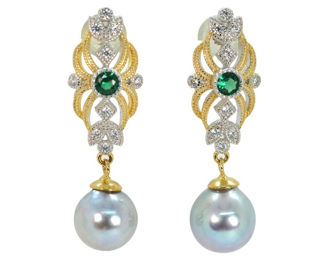 Natural Blue Silver Japanese Akoya Pearl Earrings for Women, Solid Sterling Silver Bridal Earrings, Royal Style Earrings