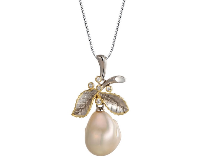 Baroque Pearl Necklace: Sterling Silver Leaf Pendant, Brooch Pin