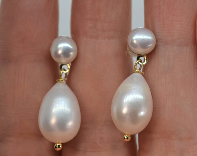 Classic Pearl Earrings for Women, Genuine High Luster Freshwater Double Pearl Earrings, 925 Silver Jewelry, Bridal Earrings