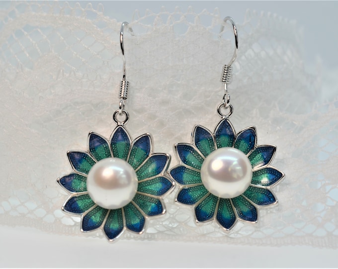 Sterling Silver Flower Earrings for Women, Freshwater Pearl Earrings, Enamel Jewelry, Hypoallergenic