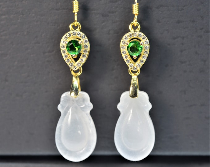 Carved Natural Nephrite Jade Earrings for Women, Flower Earrings, S925 Silver Earrings, Drop Dangle Earrings, Hypoallergenic