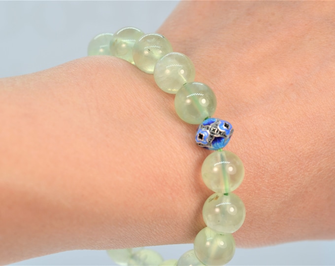 10 mm Genuine Natural Color Prehnite Gemstone Bracelet for Women Men, Stretch Bracelet, Healing Bracelet