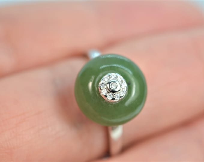 Natural Green Color Nephrite Jade Ring for Women, Fine Solid Sterling Silver Jewelry, Adjustable Ring