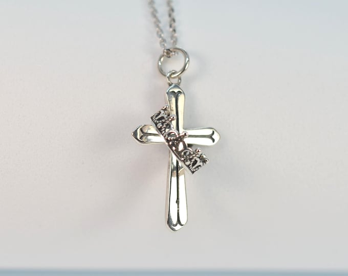 Cross Necklace Sterling Silver, Artisan Cross Pendant with Crown Ring, 18" Silver Chain Necklace for Women Girls, Hypoallergenic