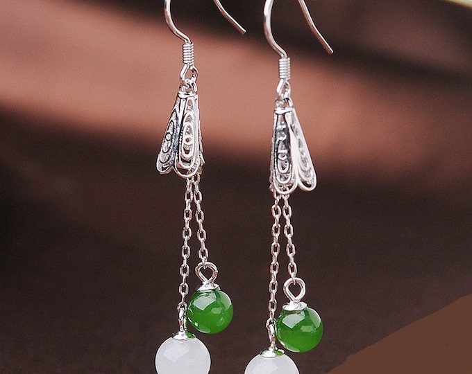 Natural Nephrite Jade Earrings for Women, 925 Sterling Silver Earrings, Long Drop Dangle Earrings, Hypoallergenic Tassel Earrings